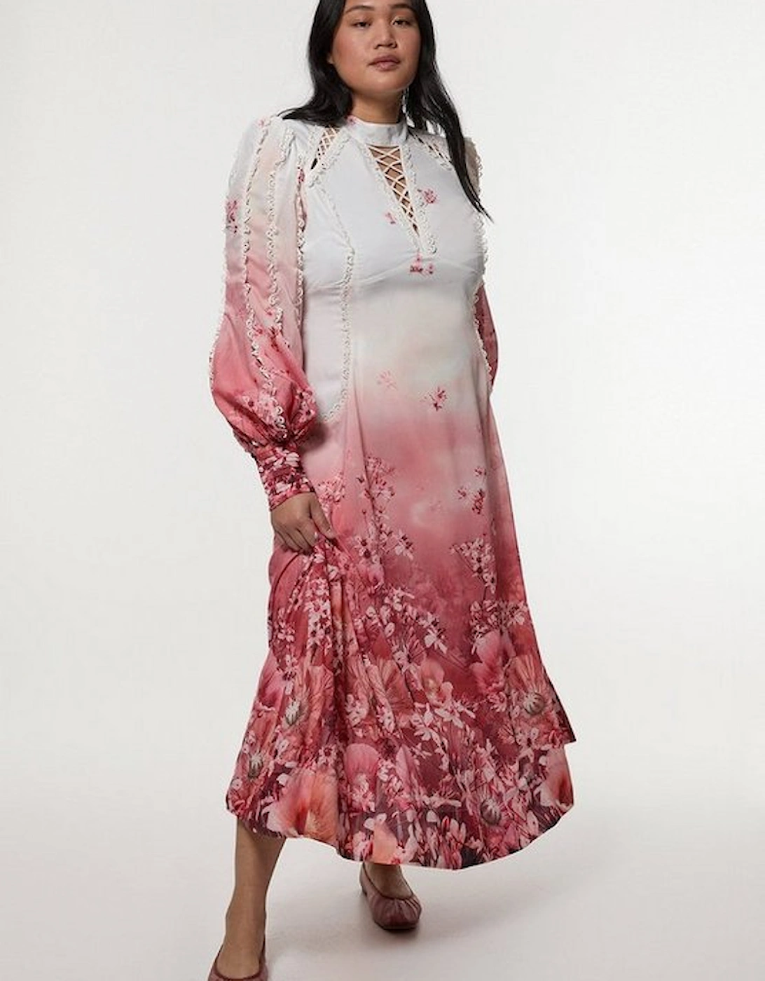 Plus Size Trailing Floral Woven High Neck Maxi Dress