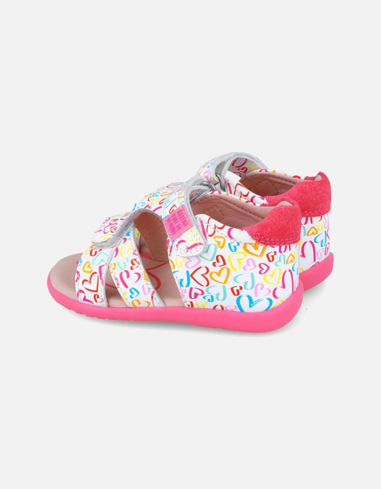 Girls White Multicoloured Heart Velcro Strap Sandals