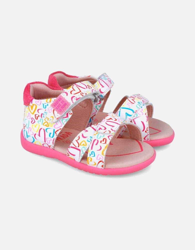 Girls White Multicoloured Heart Velcro Strap Sandals