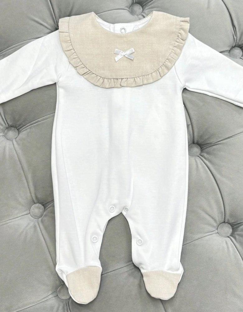 Girls White and Beige Collared Babygrow