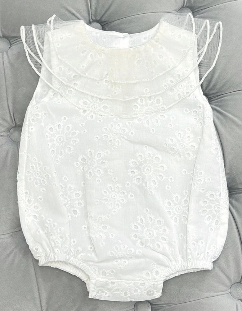 Girls White Broderie Organza Collared Romper