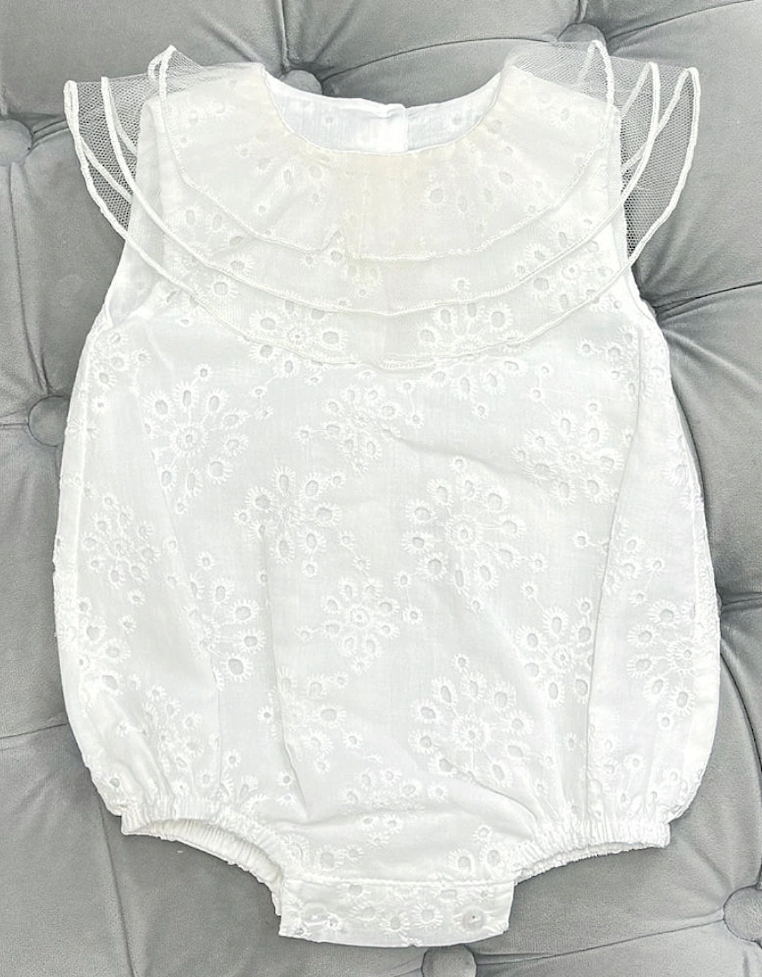 Girls White Broderie Organza Collared Romper, 2 of 1