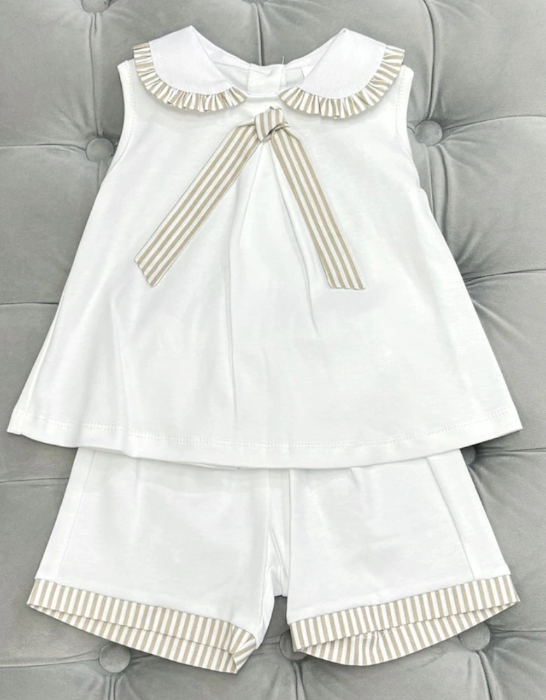 Girls White and Beige Collared Short Set