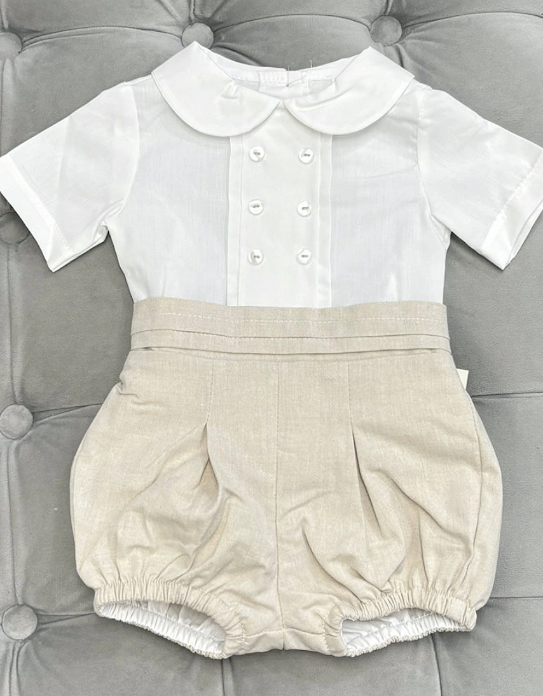 Boys Beige Linen Buster Short Suit, 2 of 1