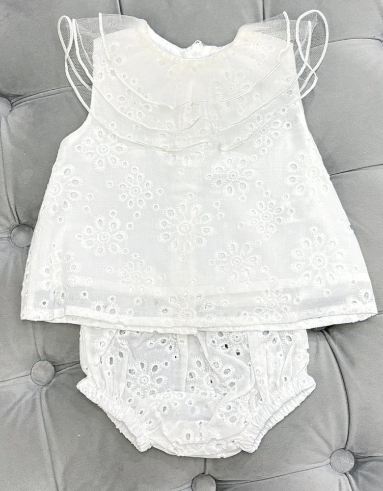 Girls White Broderie Organza Collared Jam Pant Set