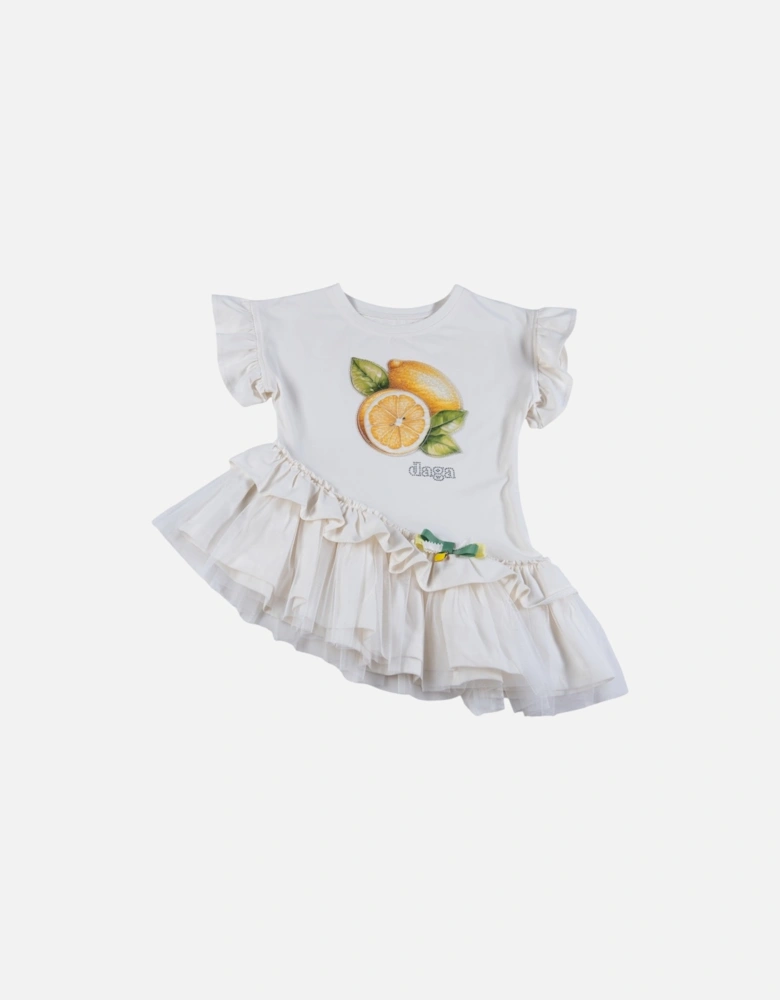 Girls White Frilly Lemon Tunic Top