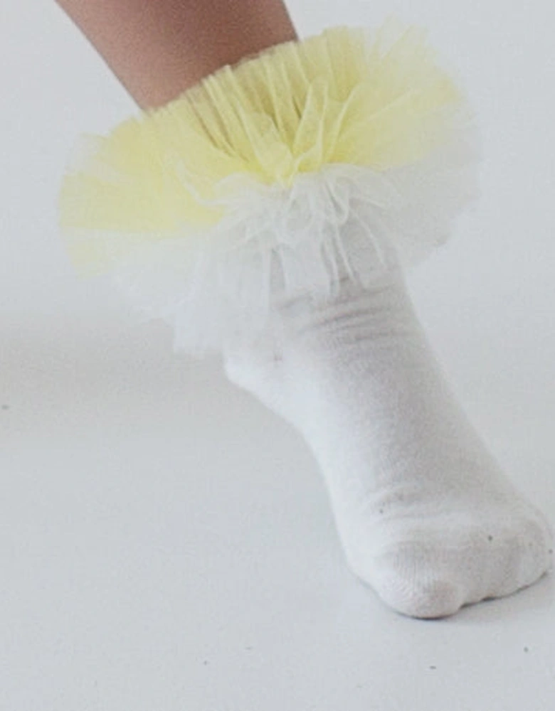 Girls Yellow and White Tulle Ankle Socks