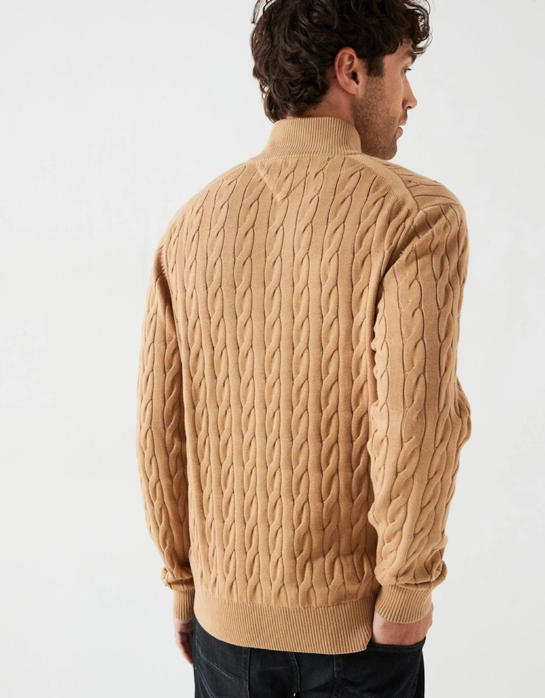 Classic Cotton Cable 1/4 Zip Mock Knitted Jumper - Light Brown