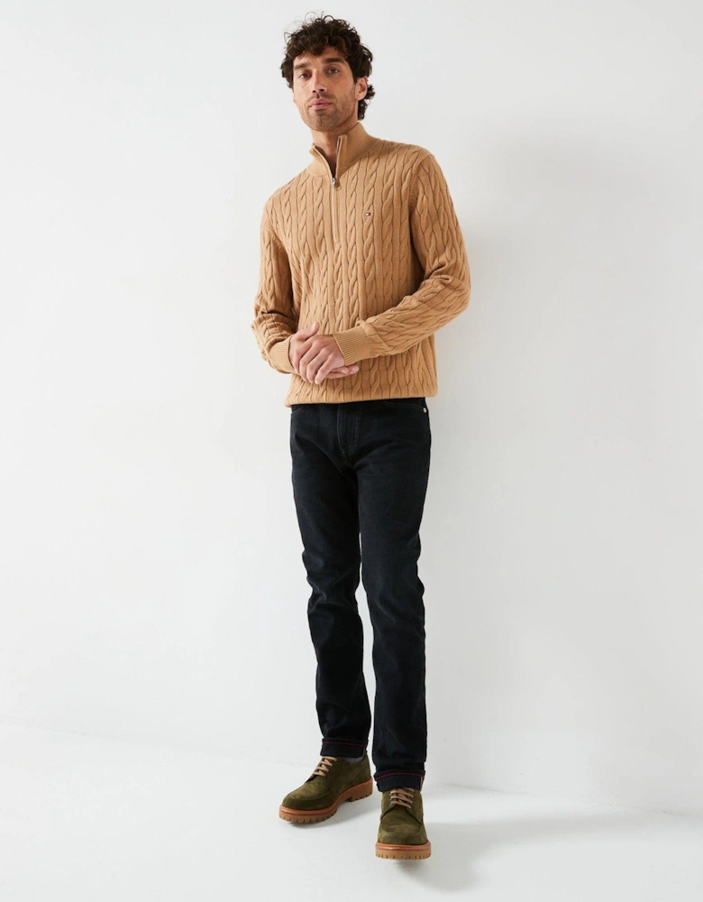 Classic Cotton Cable 1/4 Zip Mock Knitted Jumper - Light Brown