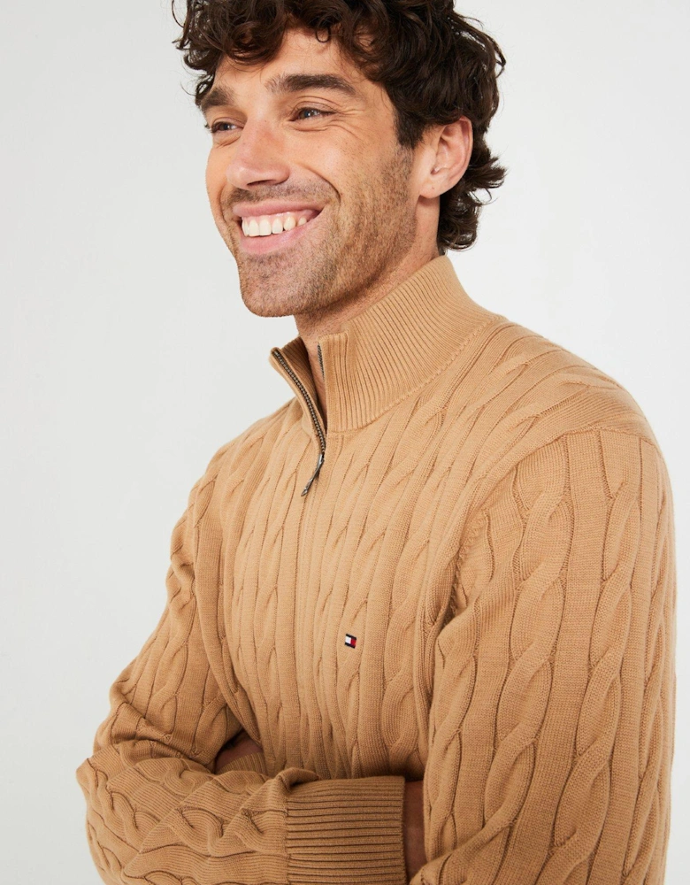 Classic Cotton Cable 1/4 Zip Mock Knitted Jumper - Light Brown