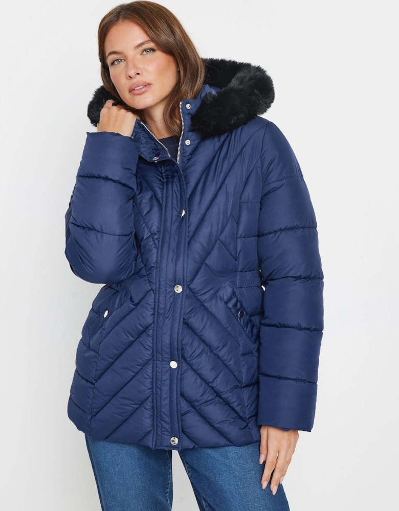 Padded Fur Hood Coat - Blue