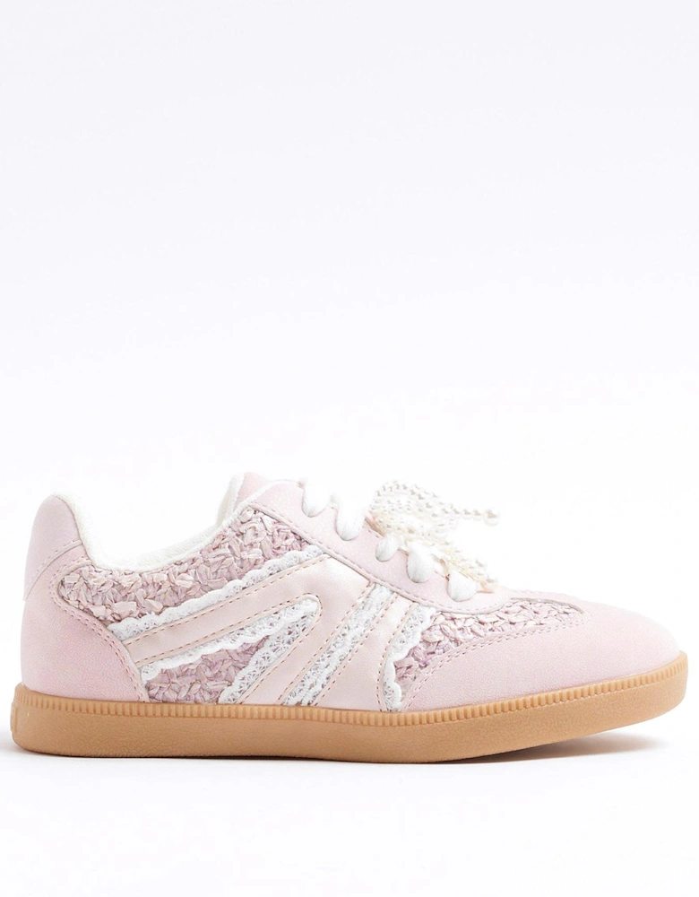 Girls Raffia Pearl Trainers - Light Pink