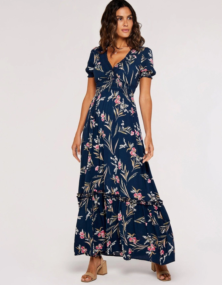 Watercolour Floral Smock Maxi Dress - Blue