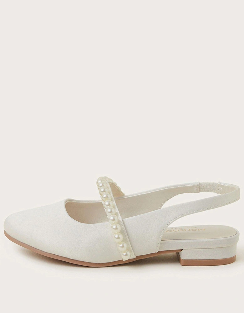 Girls Pearl Strap Slingback Flat Shoes - Light Cream