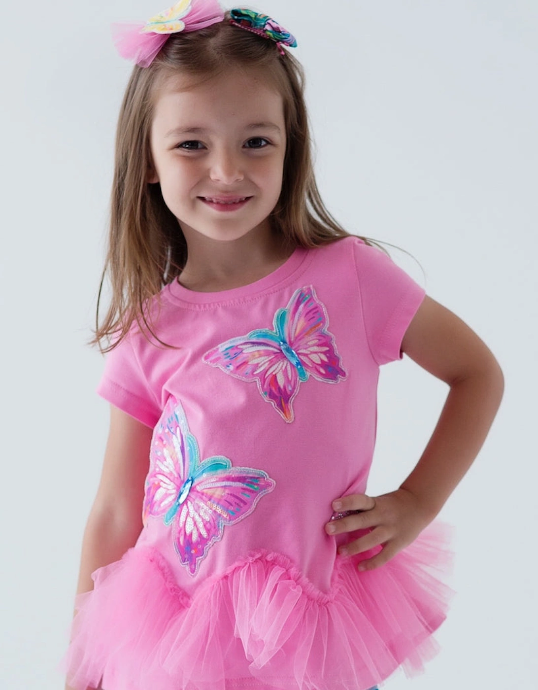 Girls Pink Tulle Butterfly Tunic Top