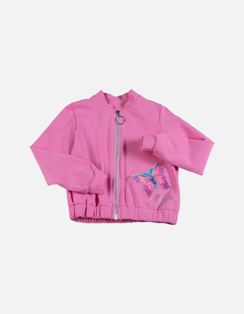 Girls Pink Butterfly Zip Up Bomber Jacket