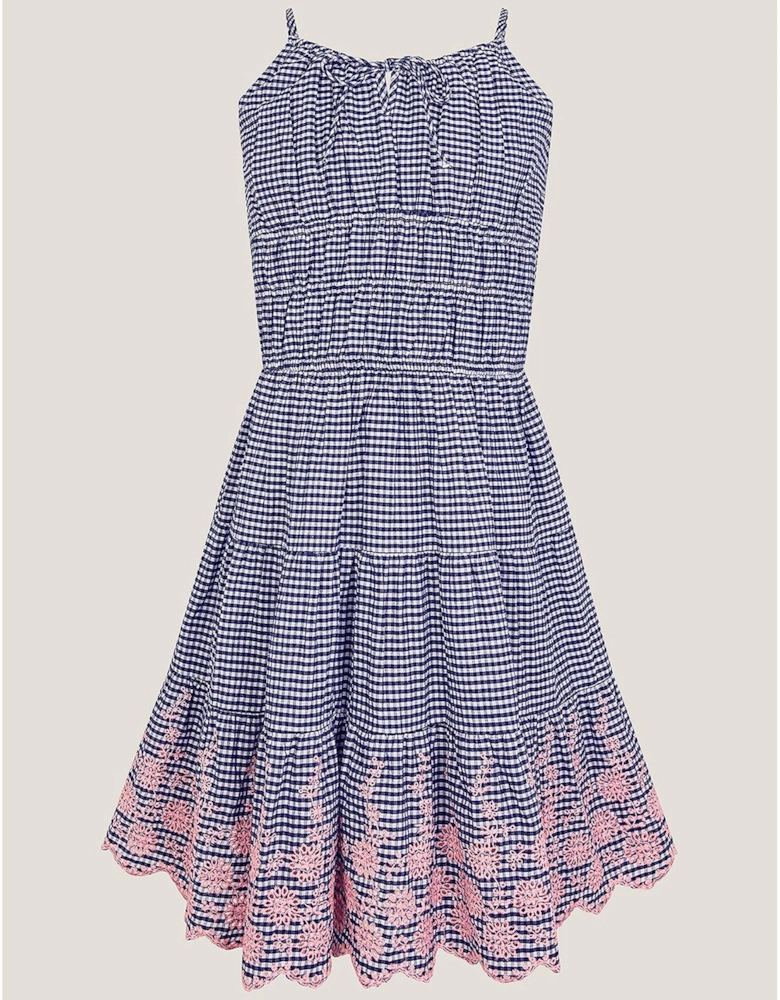 Girls Embroidered Gingham Sun Dress - Navy