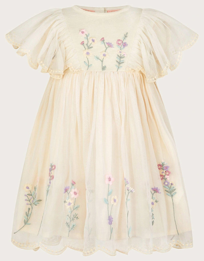 Baby Girls Floral Embroidered Tulle Dress - Light Cream