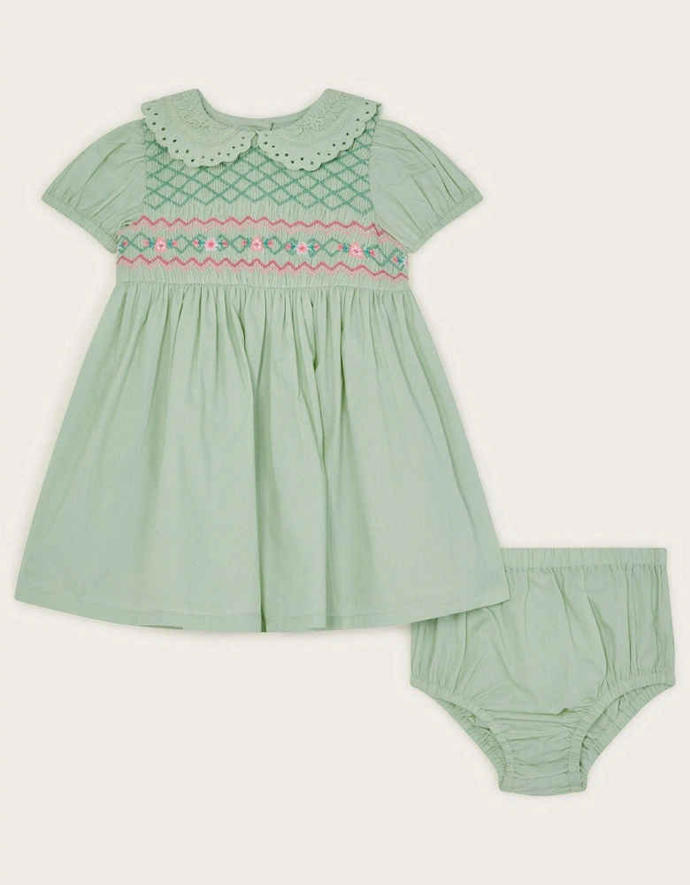 Baby Girls Traditional Smock Dress and Knickers - Green