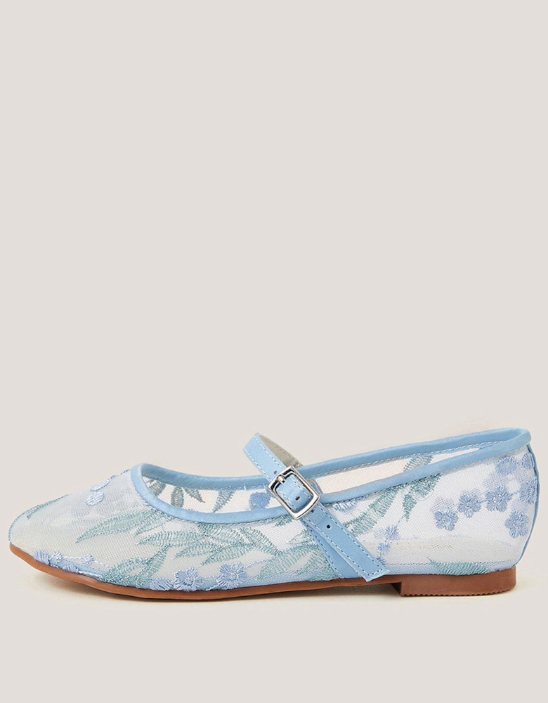 Girls Embroidered Lace Ballet Flat Shoes - Blue