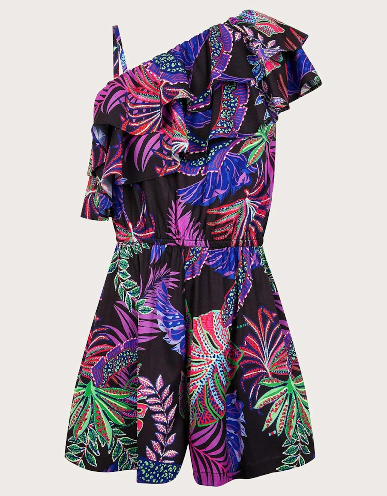 Girls Tropical Print One-shoulder Playsuit - Black