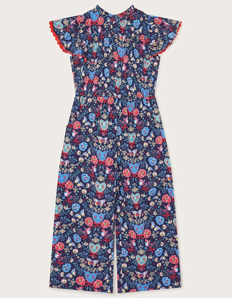 Girls Floral Butterfly Short Sleeve Jumpsuit - Navy