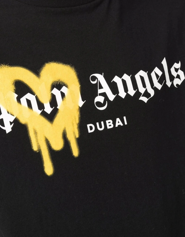 Yellow Sprayed Dubai Heart T-Shirt in Black