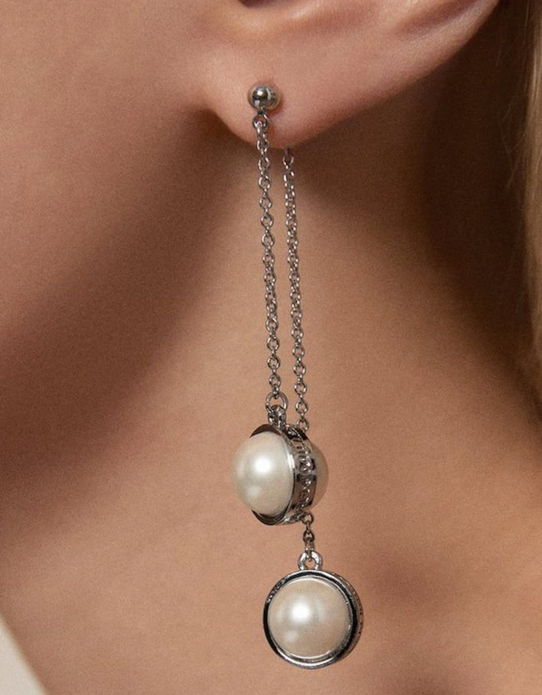 Silver Tone Logo Pearl Double Drop Earrings