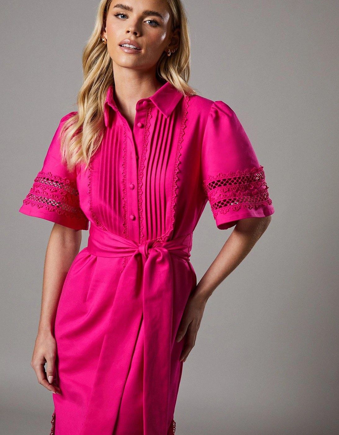 Petite Lace Trim Full Sleeve Shirt Dress