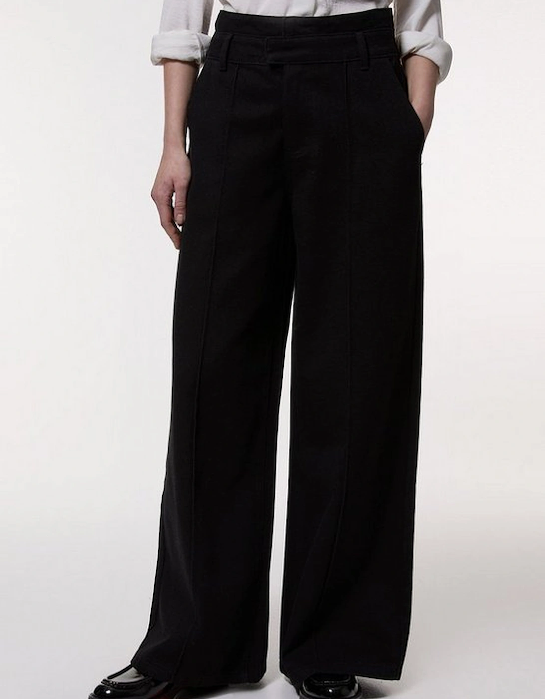 Denim Waistband Detail Wide Leg Trousers