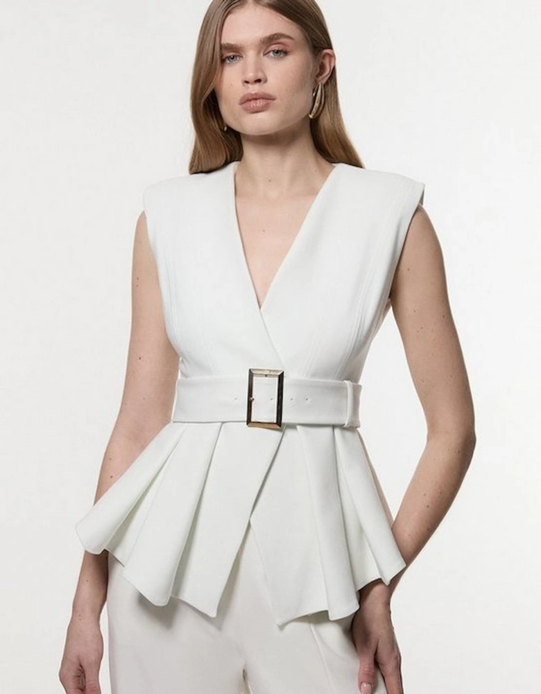 Compact Stretch Belted Peplum Sleeveless Tailored Jacket