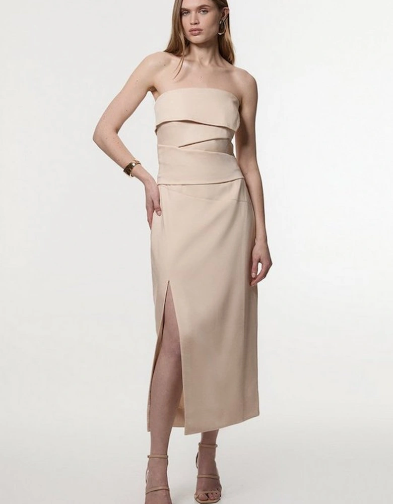 Premium Linen Structured Pleated Bandeau Tailored Midi Pencil Dress