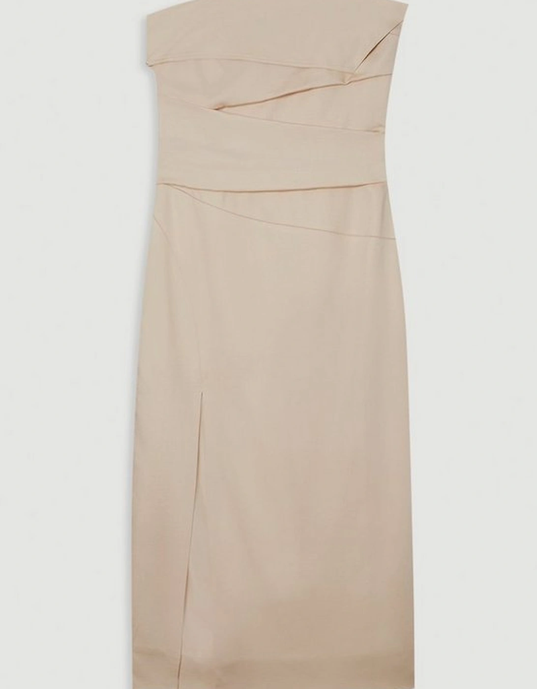 Premium Linen Structured Pleated Bandeau Tailored Midi Pencil Dress