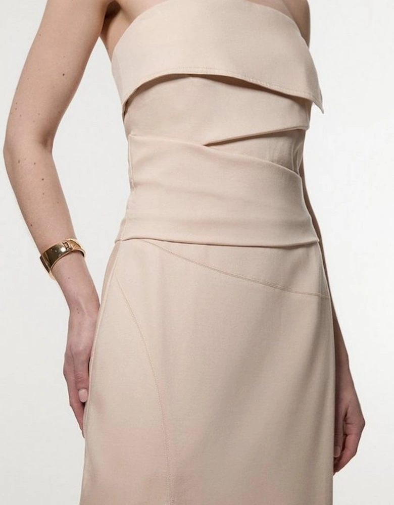 Premium Linen Structured Pleated Bandeau Tailored Midi Pencil Dress