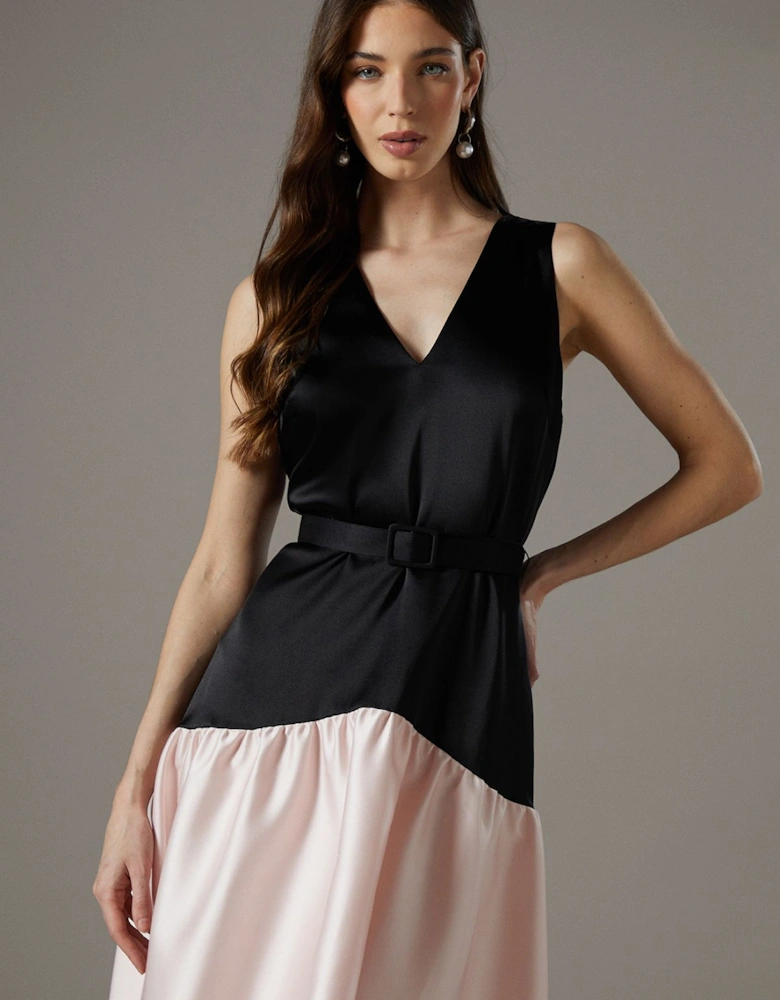 Drop Waist Satin Crepe Belted Midi Dress