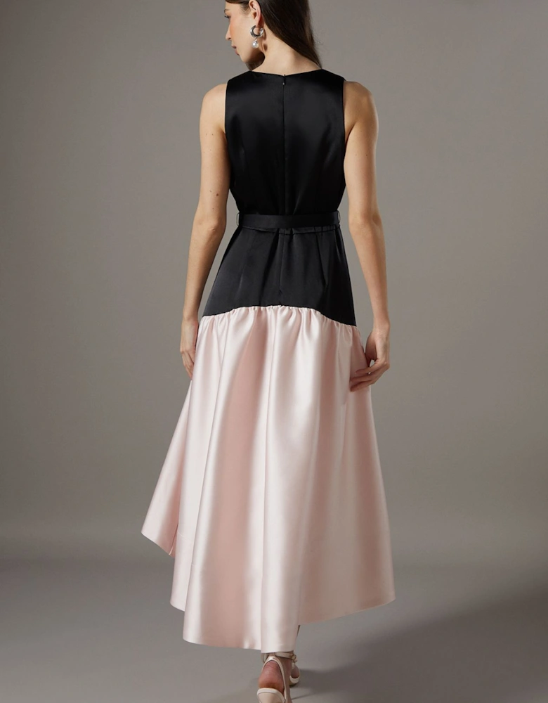 Drop Waist Satin Crepe Belted Midi Dress