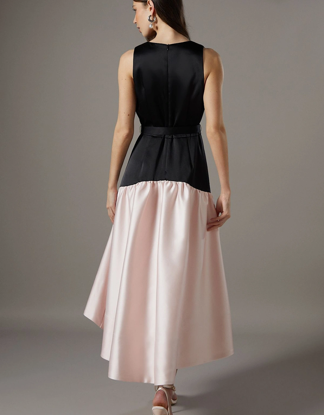 Drop Waist Satin Crepe Belted Midi Dress