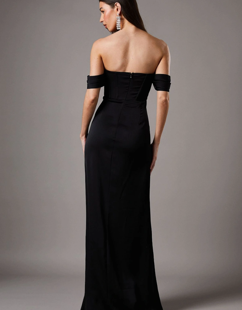 Draped Bardot Corset Satin Black Maxi Dress