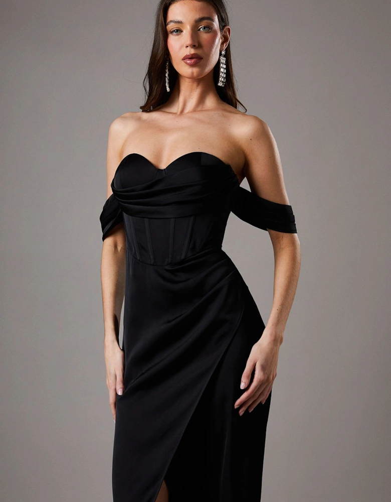 Draped Bardot Corset Satin Black Maxi Dress