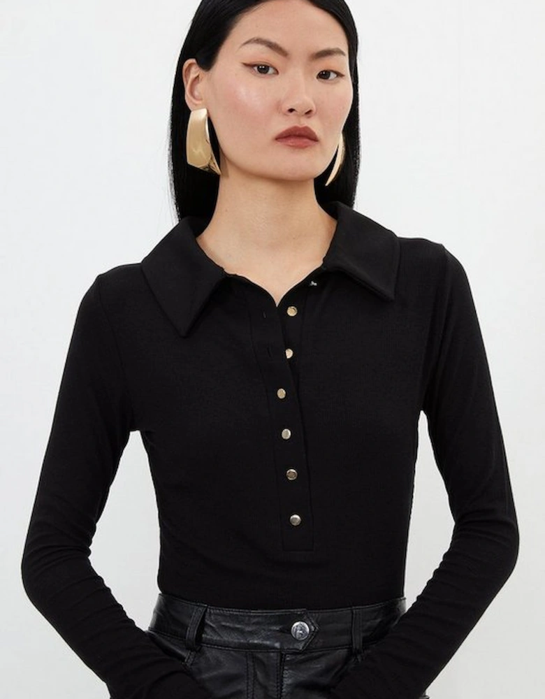 Viscose Rib Jersey Long Sleeve Collared Top