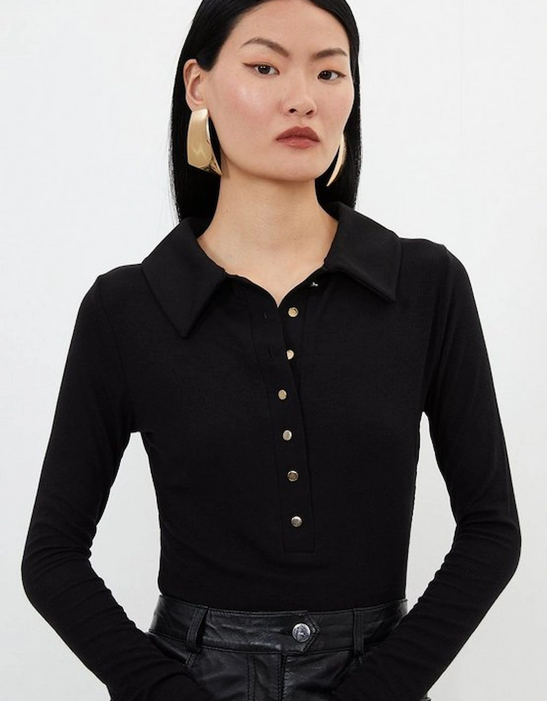 Viscose Rib Jersey Long Sleeve Collared Top, 5 of 4