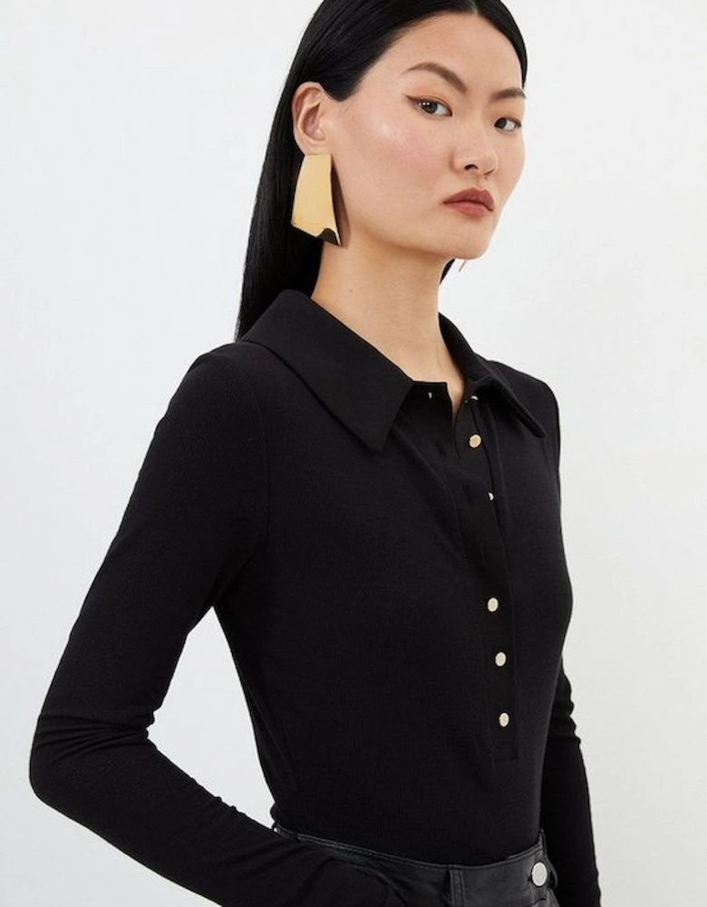 Viscose Rib Jersey Long Sleeve Collared Top