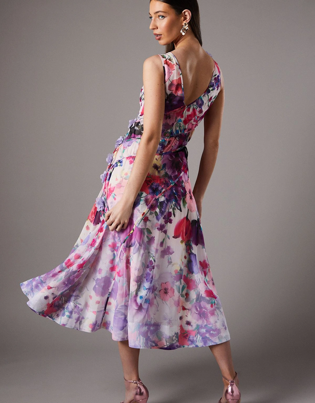 3d Flower Sleeveless Midi Dress