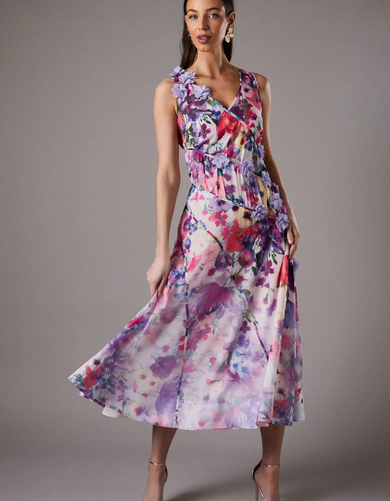 3d Flower Sleeveless Midi Dress