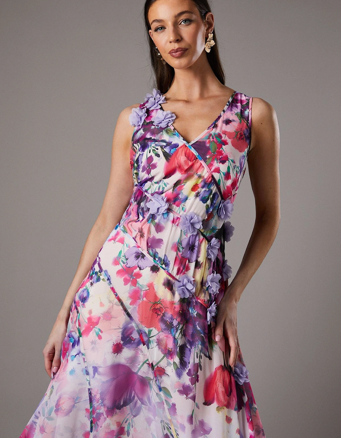 3d Flower Sleeveless Midi Dress