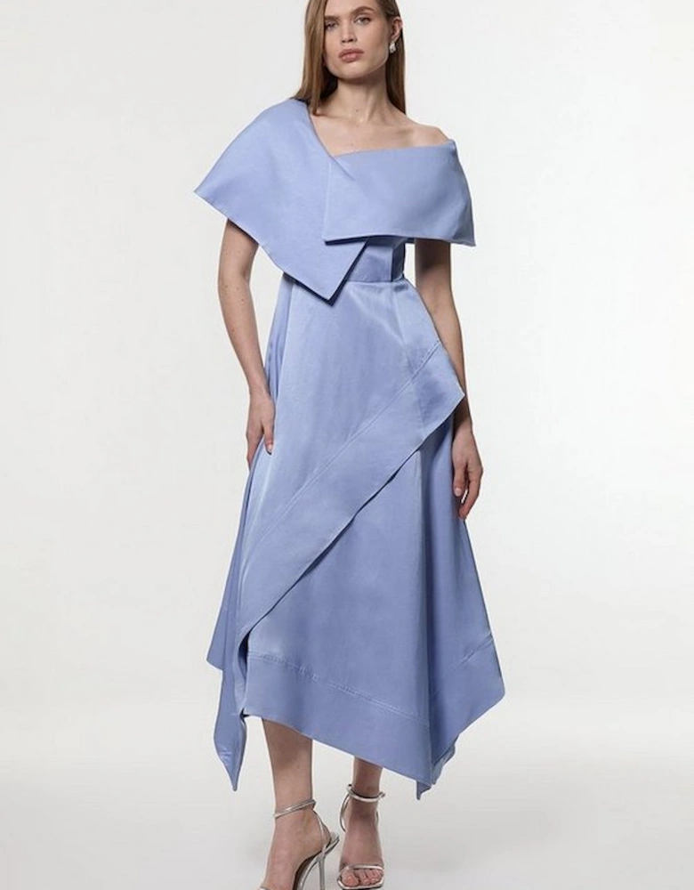 Premium Viscose Linen Tailored Asymmetric Shoulder Full Midi Dress