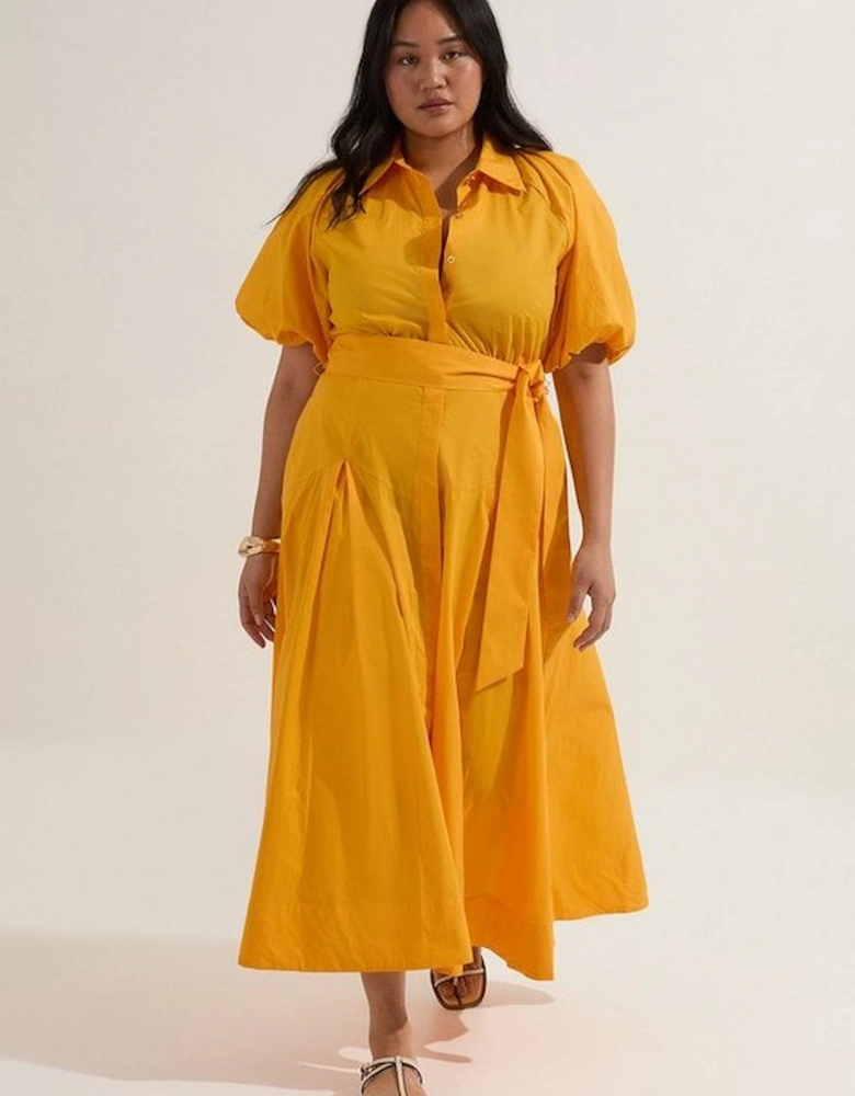 Plus Size Cotton Puff Sleeve Woven Midi Shirt Dress With Dropped Waist Detail