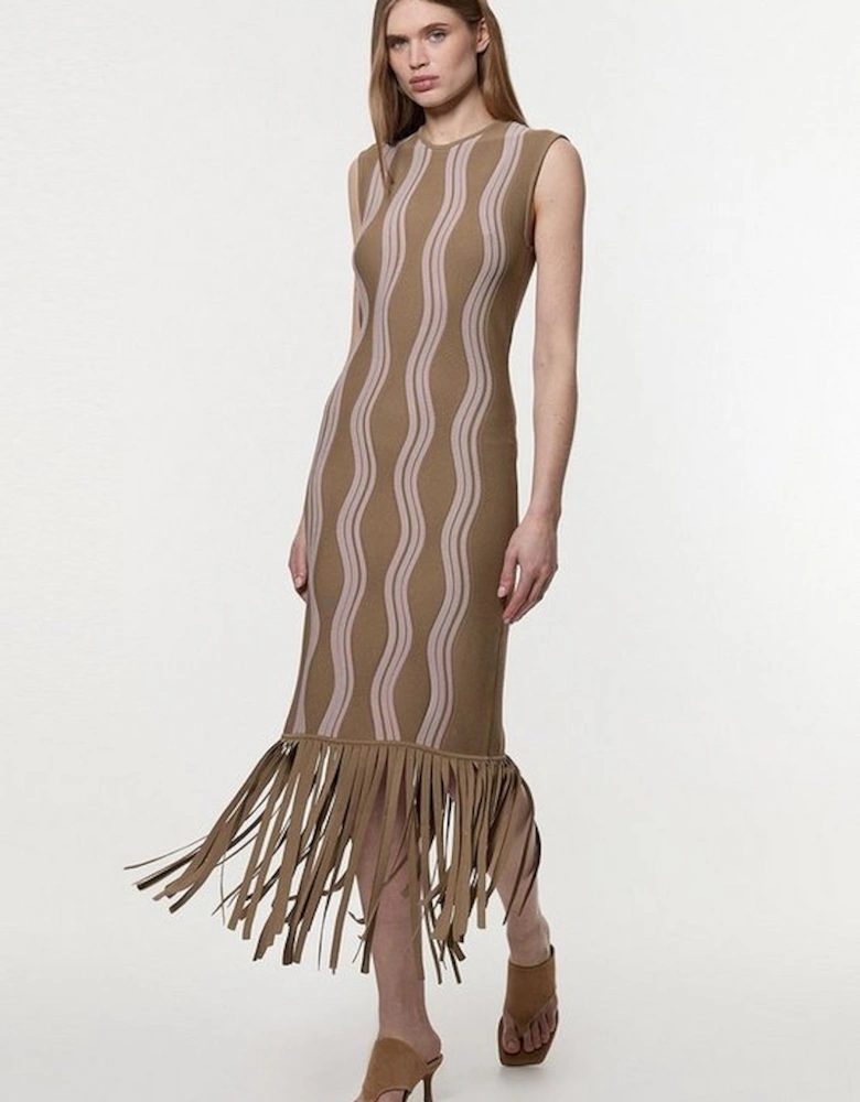 Contrast Wave Knit Dress With Fringing