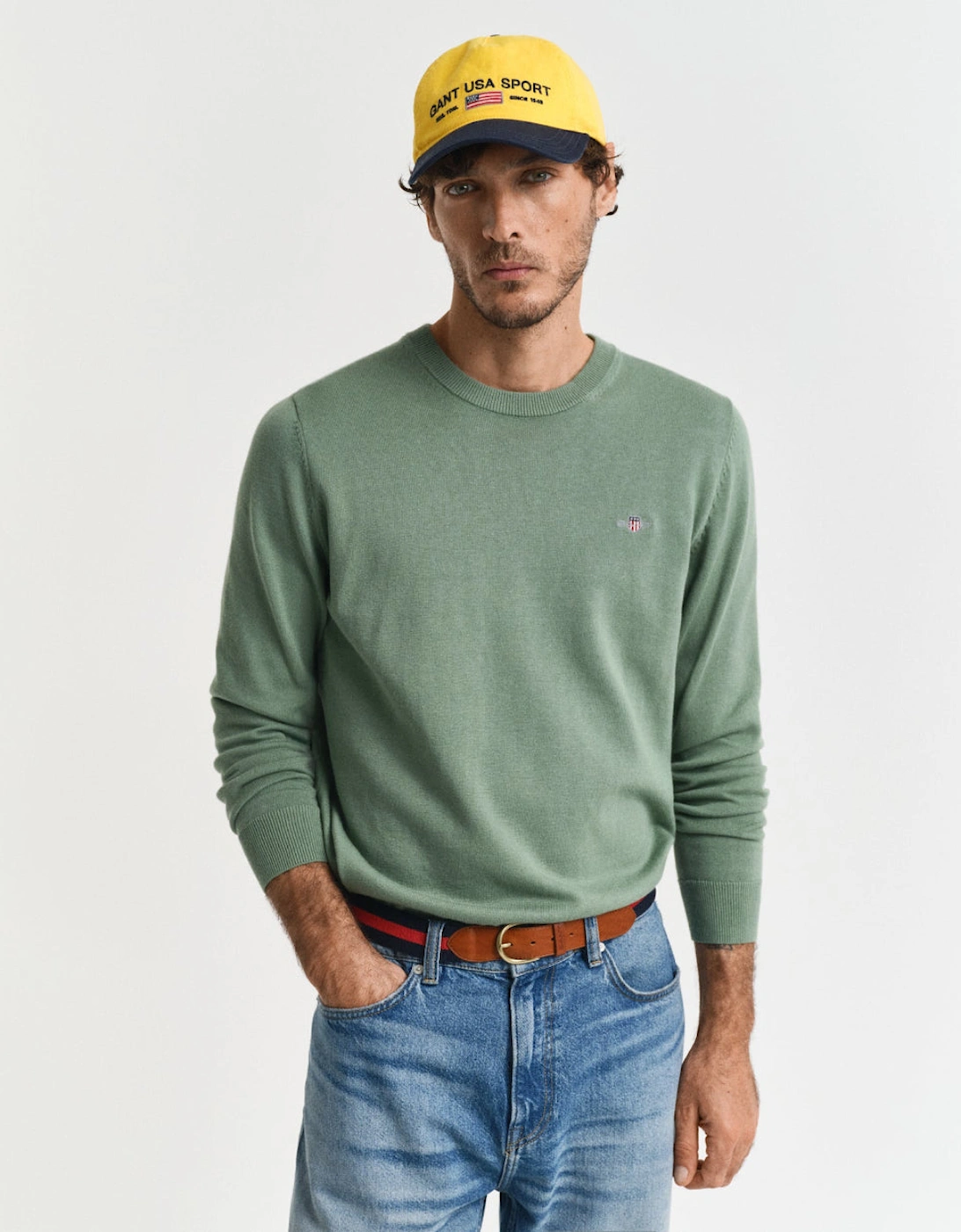 Gant Men's Green Classic Cotton Crew Neck Jumper, Kalamata - : Regular/40 Large