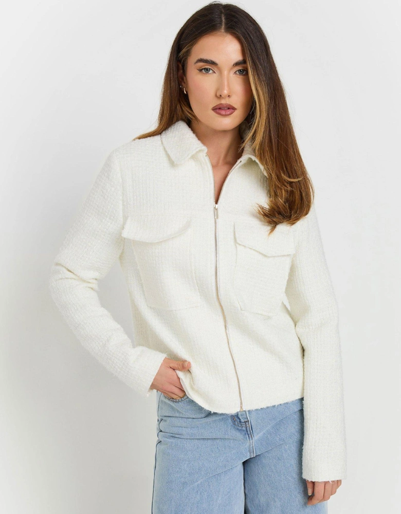 Boucle Zip Thru Bomber - Ivory